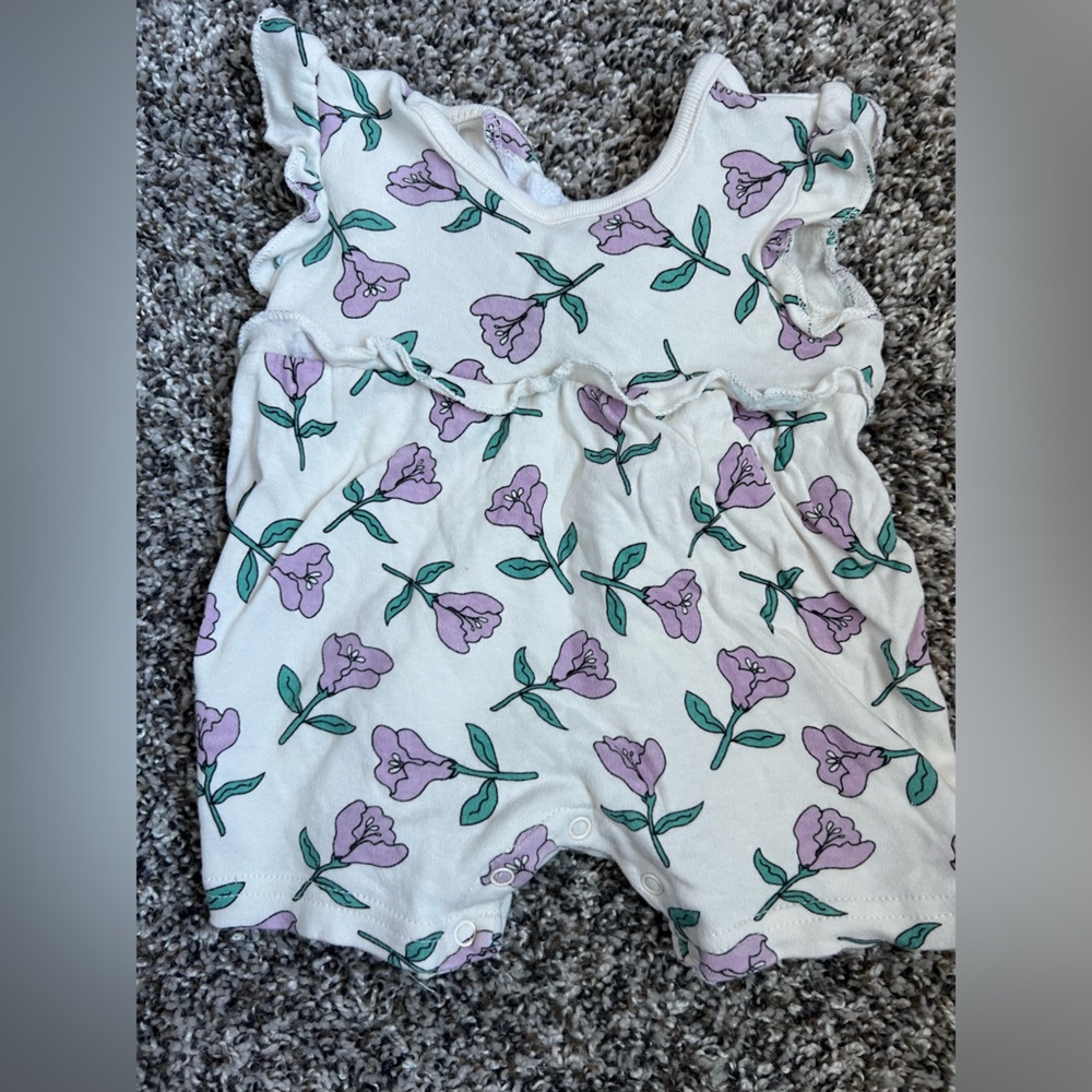 White and purple floral baby girl romper
